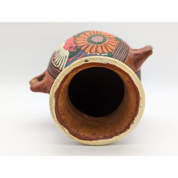 1970's Mexican Tonala Art Ceramic Vase w/ Folklore Hand painted Floral and Bird - Picture 3 of 7